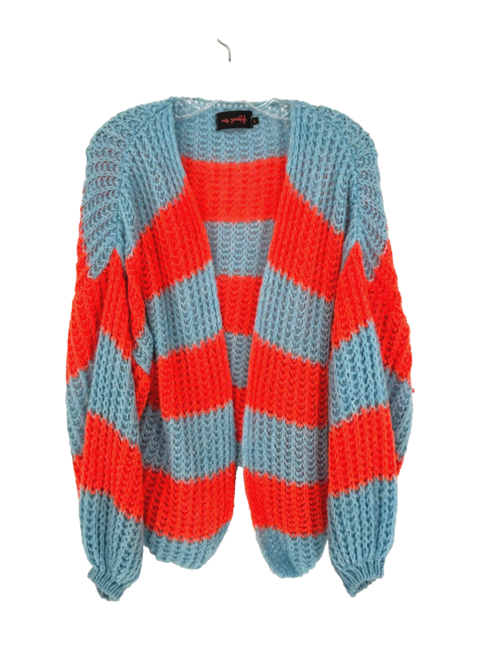 Miss Goodlife blue/neon orange striped balloon sleeve oversize cardigan,